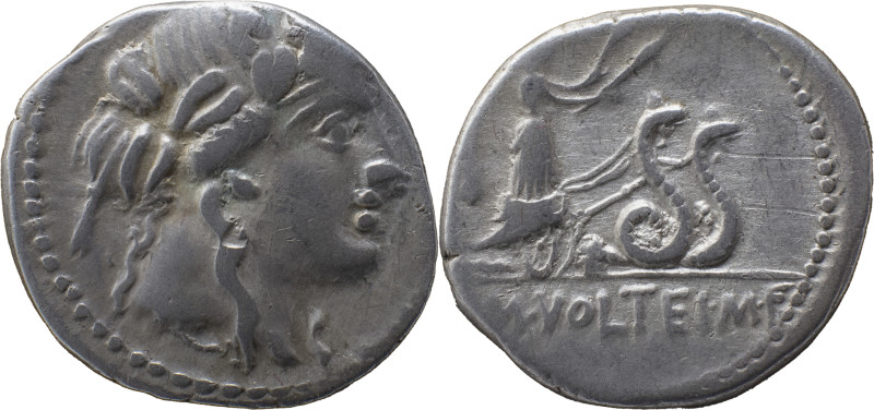 Roman Republic
M. Volteius M. f. AR Denarius, 3,90g. Rome, 75 BC. Head of Bacchu...
