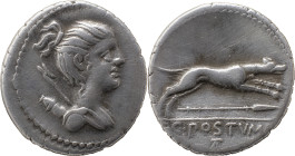 Roman Republic
C. Postumius AR Denarius, 3,78g. Rome, 74 BC. Draped bust of Diana to right, wearing hair tied into knot, bow and quiver over shoulder....