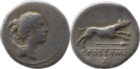 Roman Republic
C. Postumius AR Denarius, 3,70g. Rome, 74 BC. Draped bust of Diana to right, wearing hair tied into knot, bow and quiver over shoulder....