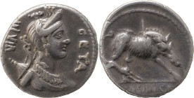 Roman Republic
C. Hosidius C. f. Geta AR Denarius, 1. 3.67g,. Rome, 68 BC. Draped bust of Diana right, wearing stephane, earring, and necklace, and wi...