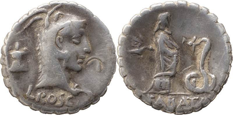 Roman Republic
L. Roscius Fabatus AR Serrate Denarius, 3.85g,. Rome, 64 BC. Head...