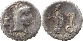 Roman Republic
L. Roscius Fabatus AR Serrate Denarius, 3.85g,. Rome, 64 BC. Head of Juno Sospita right, wearing goat-skin headdress; lit altar behind,...