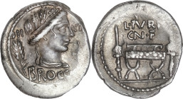 Roman Republic
L. Furius Brocchus AR Denarius, 3.85g,. Rome, 63 BC. Wreathed and draped bust of Ceres to right; wheat-ear behind, barley grain before,...