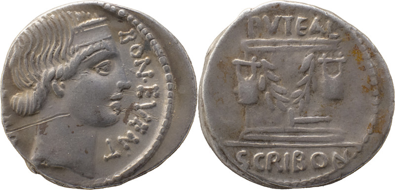 Roman Republic
L. Scribonius Libo AR Denarius, 3.77g. Rome, 62 BC. Head of Bonus...