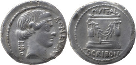 Roman Republic
L. Scribonius Libo AR Denarius, 3.82g. Rome, 62 BC. Head of Bonus Eventus to right; BON•EVENT downwards to right, LIBO downwards to lef...