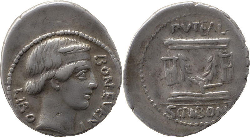 Roman Republic
L. Scribonius Libo AR Denarius, 3.83g,. Rome, 62 BC. Head of Bonu...