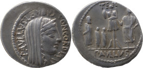 Roman Republic
L. Aemilius Lepidus Paullus AR Denarius, 3.96g. Rome, 62 BC. PAVLLVS LEPIDVS CONCORDIA, head of Concordia wearing veil and diadem. Rev ...