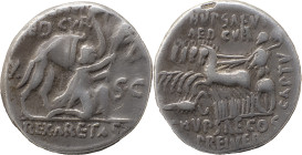 M. Aemilius Scaurus and P. Plautius Hypsaeus AR Denarius, 3.87g. Rome, 58 BC. M•SCAVR AED•CVR, kneeling figure right (King Aretas of Nabataea), holdin...
