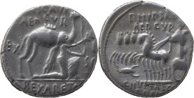 M. Aemilius Scaurus and P. Plautius Hypsaeus AR Denarius, 3.96g, Rome, 58 BC. M•SCAVR AED•CVR, kneeling figure right (King Aretas of Nabataea), holdin...