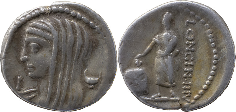 Roman Republic
L. Cassius Longinus AR Denarius, 3.87g. Rome, 63 BC. Head of Vest...