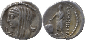 Roman Republic
L. Cassius Longinus AR Denarius, 3.87g. Rome, 63 BC. Head of Vesta to left, wearing veil and diadem; kylix behind, I before / LONGIN•II...