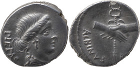 Roman Republic
D. Iunius Brutus Albinus AR Denarius, 3.80g, Rome, 48 BC. Head of Pietas to right; PIETAS behind. Rev Two hands clasped around winged c...