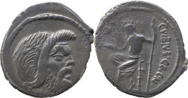 Roman Republic
C. Vibius C. f. C. n. Pansa Caetronianus AR Denarius, 3.61g, Rome, 48 BC. Mask of bearded Pan to right; [PANSA below]. Rev Jupiter Axur...