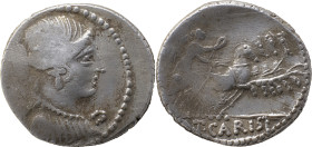 Roman Republic
T. Carisius AR Denarius, 3.72g, Rome, 46 BC. Draped and winged bust of Victory to right; S•C behind / Victory holding wreath, driving q...