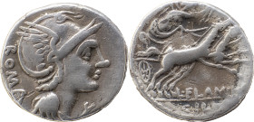 Roman Republic
L. Flaminius Chilo AR Denarius, 3.86g Rome, 109-108 BC. Helmeted head of Roma to right; X below chin, ROMA behind. Rev Victory driving ...