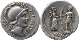 The Roman Republic
Cn. Pompeius Magnus and M. Poblicius . Denarius. 4,17g Spain 46-45, AR M·POBLICI·LEG·PRO Helmeted head of Roma r.; behind, PR. Rev....