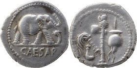 The Roman Republic
C. Iulius Caesar. Denarius, 3,81g. mint moving with Caesar 49-48, AR. Pontifical emblems: culullus, aspergillum, axe and apex. Rev....