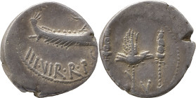 The Roman Republic
Marcus Antonius. Denarius, mint moving with M. Antony 32-31, AR 3.90 g. ANT AVG – III·VIR·R·P·C Galley r., with sceptre tied with f...