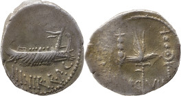 The Roman Republic
Marcus Antonius. Denarius, mint moving with M. Antony 32-31, AR 3.45 g. III·VIR·R·P·C Galley r., with sceptre tied with fillet on p...