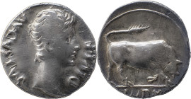 The Roman Empire
Octavian as Augustus, 27 BC – 14 AD, Denarius, Lugdunum 15-13 BC, AR 3.81 g. AVGVSTVS – DIVI F Bare head r. Rev. Bull butting r.; in ...