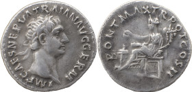 The Roman Empire
Trajan, 98 – 117
Denarius February-Autumn 98, AR 3.48 g. IMP CAES NERVA TRAIAN AVG GERM Laureate head r. Rev. PONT MAX TR POT COS I...