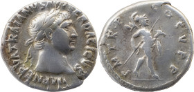The Roman Empire
Trajan, 98 – 117
Denarius 101-102, AR 3.21 g. IMP NERVA TRAIANVS AVG GER DACIVS Laureate head r. Rev. PM TRP COS V PP Mars advancing ...