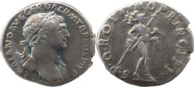 The Roman Emperial
Trajan. A.D. 98-117. AR denarius, 2.68 g, Rome mint, A.D. 112-117. IMP TRAIANO AVG GER DAC P M TR P COS VI P P, laureate but of Tra...
