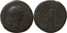 The Roman Empire
Trajan, 98 – 117
Sestertius 104-111, Æ 26.45 g. IMP CAES NERVAE TRAIANO AVG GER DAC P M TR P COS V P P Half-length laureate bust r....