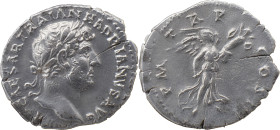 The Roman Empire
Hadrian, 117 – 138. Denarius 119-122, AR 3.22 g. Laureate head r. Rev. Victory advancing r., holding trophy. RIC 101. Cracked at 3h, ...