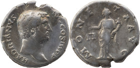 The Roman Empire
Hadrian, 117 – 134
Denarius 134-138, AR 3.40 g. HADRIANVS – AVG COS III P P Bare head r., drapery on l. shoulder. Rev. MONE – T – A A...
