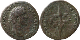 The Roman Empire
Antoninus Pius, 138 – 161
Error Dupondius 140-144, Æ 9.21 g. ANTONINVS AVG PI – VS P P TR P COS III Radiate head r. Ver AEDEORNTI A E...