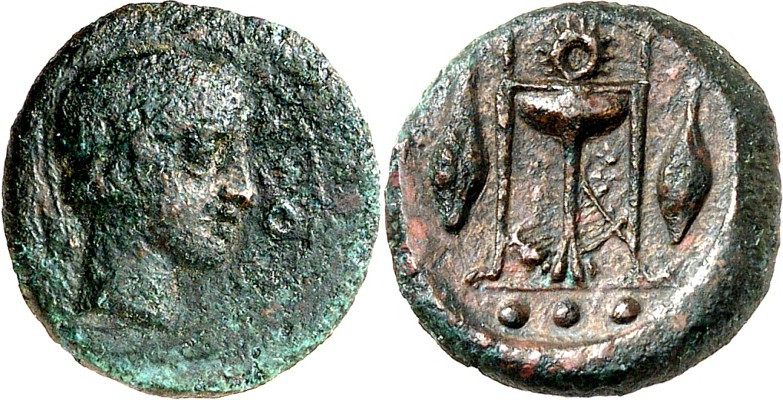 SIZILIEN. 
LEONTINOI (Lentini). 
AE-Tetras 15mm (405/403 v.Chr.) 2,12g. LEON K...