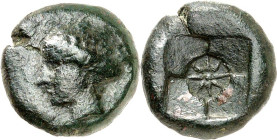 SIZILIEN. 
SYRAKUS (Siracusa). 
AE-Tetras 16mm (um 405 v.Chr.) 4,58g. Kopf der Aretusa n.l. / Stern mit 8 Strahlen in viergeteiltem Quadratum Incusu...
