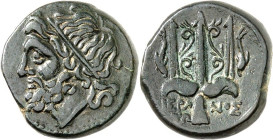 SIZILIEN. 
SYRAKUS (Siracusa). 
Hieron II. 275-216 v. Chr. AE-Hemilitron 20mm 6,87g. Poseidonkopf n.l. / Dreizackfluke zw. 2 Delfinen; unten IEP- WN...
