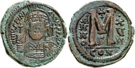 BYZANZ. 
IUSTINIANUS I. 527-565. AE-Follis 35/39mm ("17"= 543/544) 20,50g, Konstantinopel, 3. Off. Panzerbüste v.v. D N IVSTINI-ANVS P P AVC / Wert M...
