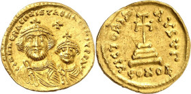 BYZANZ. 
HERACLIUS mit HERACLIUS CONSTANTINUS 613-638. Solidus (613/616) 4,51g, Konstantinopel, 3. Off. Chlamysbüsten m. Kreuzkronen v.v. dd NN ERACL...
