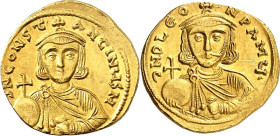 BYZANZ. 
LEON III. mit KONSTANTINOS V. 720-741. Solidus (725/732) 4,44g, Konstantinopel. Chlamysbüste m. Kreuzkrone, Kreuzglobus und Akakia, v.v. DNO...