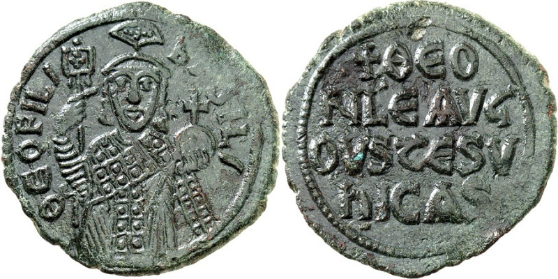 BYZANZ. 
THEOPHILOS 829-842. AE-Follis 29mm 7,25g, Konstantinopel. Kniebild in ...