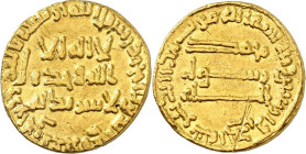 DIE KALIFEN. 
ABBASIDEN. 
al-Mansur 754-775 (136-158&nbsp;AH). Dinar 141 AH = 759 AD, 4,21g, (Damaskus oder al-Hashimiya). Qatar 1039. ex Peus 396,2...