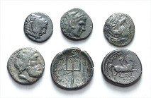 GRIECHEN. 
MAKEDONIEN. 7 Bronzemünzen (22-15mm) Könige: Philipp V., Kassander, dazu 2. Jh.v.Chr Flußgott Strymon / Dreizack, - Thessalonika Zeuskopf ...