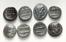 GRIECHEN. 
MAKEDONIEN. 10~Bronzemünzen 16-19mm: Alexander III. 336-323 v.Chr. Typ Herakleskopf im Löwenfell / ALEXANDR OY zwischen Bogen und Köcher, ...