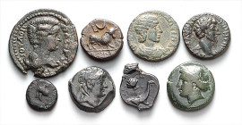 GRIECHEN. 
Allgemein: Bronzemünzen. 18 Bronzepägungen: 8 griechische Städteprägungen der Römischen Kaiserzeit 17 - 25mm: KOINON MAKEDONON (Mark Aurel...