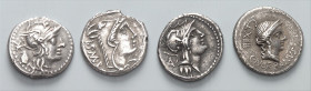 RÖMISCHE REPUBLIK. 
Silbermünzen. 4 Denare: Gaius Cassus Cr.266/1, L. Thorius Balbus Cr.316/1 (subaerat), Decimus Junius Silanus Cr.337/1a, Gaius Nor...