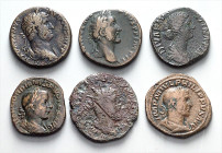RÖMISCHES KAISERREICH. 
Allgemein: Bronzemünzen:. 25 Sesterze: Claudius, Domitianus, Tajanus, Hadrianus, Aelius, Antoninus Pius (4), Faustina I., Mar...