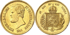 BRASILIEN. 
Pedro II. 1831-99. 20000 Reis 1851 Kopf n.l./ Wappen. F. 121, K.-M. 463. . 

GOLD Rf.,ss