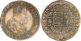 BELGIEN. 
BRABANT. 
Philipp IV. 1621-1665. Cu-Jeton 1637 Brüssel, a.d. Finanzwesen. Brb. d. Königs im Harnisch n.r. / Gekr. mehrteiliges Wappen, her...