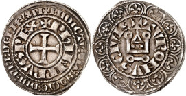 FRANKREICH. 
Philippe IV. le bel 1285-1314. Gros Tournois à l'O rond (1305?) 4,12g. Kreuz in doppelter Us. / Kastell , var. des L etc. Dup. 213B, Ci....