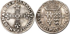 FRANKREICH. 
Henri IV. 1589-1610. Quart d'ecu du Béarn 1609 Z, Morlaas. Lilienkreuz&nbsp;/ Gekr. Wappen (Navarra&nbsp;/ Béarn). Laf./Pr. 1099, KM 1.2...