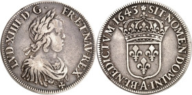 FRANKREICH. 
Louis XIV. 1643-1715. Ecu à la mèche courte 1643 A Paris. Belorb. Brb. n.r. / Gekr. Wappen. Dup. 1461, Dv. 3799, Gad. 202, KM 144.1. . ...