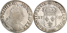 FRANKREICH. 
Louis XIV. 1643-1715. 1/2&nbsp;Ecu de Strasbourg zu 44 Sols 1709 BB, Straßburg. Geharn. Brb. n.r.&nbsp;/ Gekr. Lilienschild. E.u.L. 527....